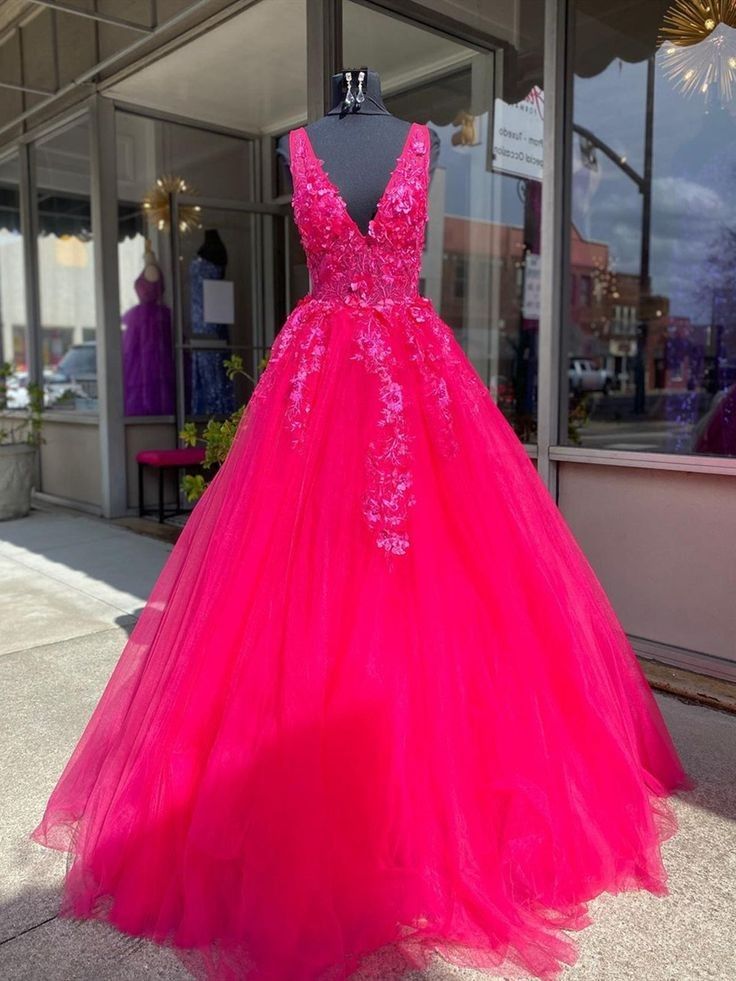 hot pink modest dress Ball Gown V Neck Tulle Prom Dresses For Teens Formal D – RubyFashionDress All Sizes2 Dressing Room + POV YGroup_joansie Style:Knee Length