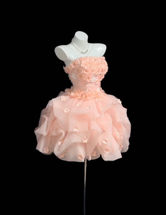 Fairy Ball Gown Strapless With 3D Flowers Graduation Gown Blush Pink Mini Senior Inspo Short Homecoming Dresses RB3098