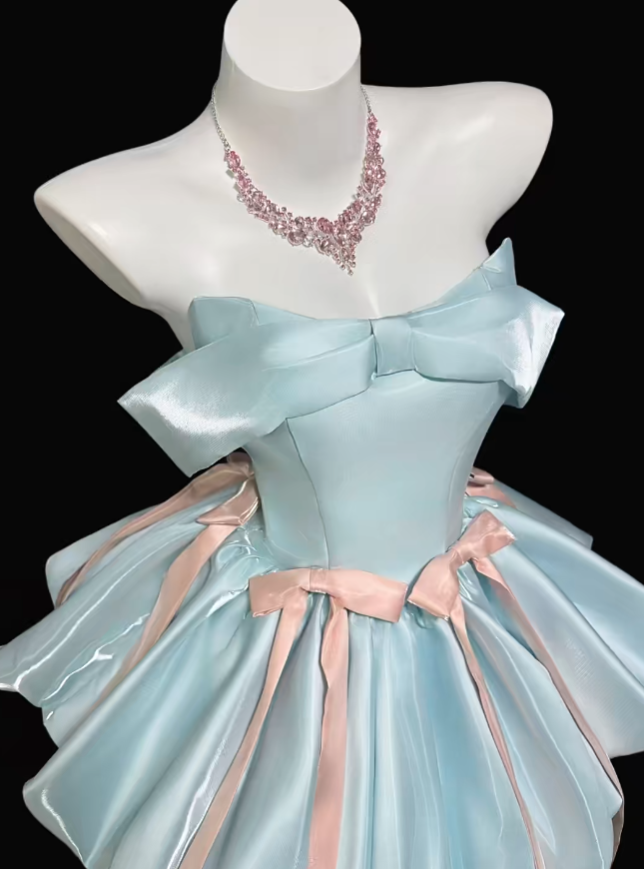Aesthetic Ball Gown Off The Shoulder Blue 18th Birthday Outfit Ideas With Bow Inspo Short Hoco Gown Homecoming Dresses RB3109