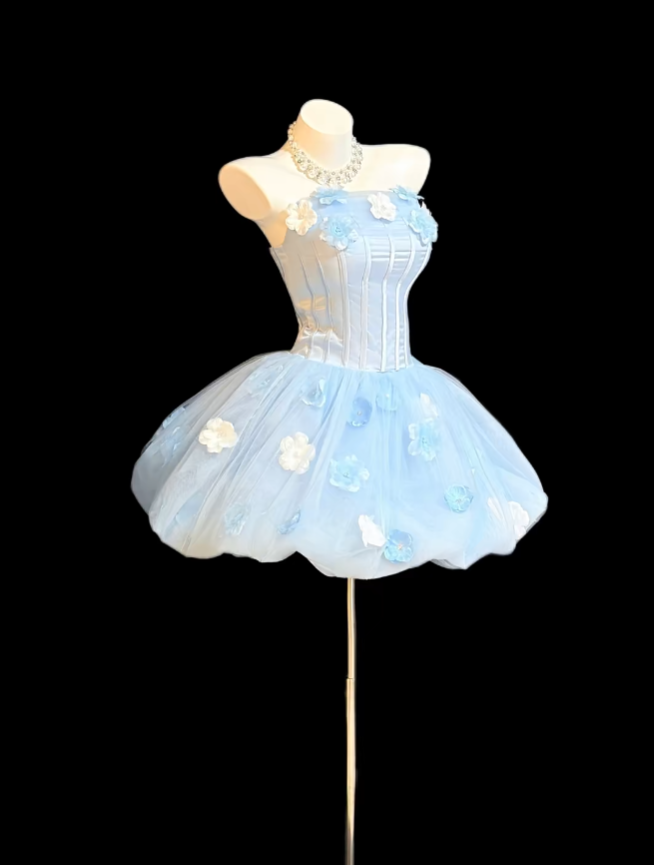 Cute Ball Gown Strapless Light Sky Blue With 3D Flowers Mini Senior In – RubyFashionDress