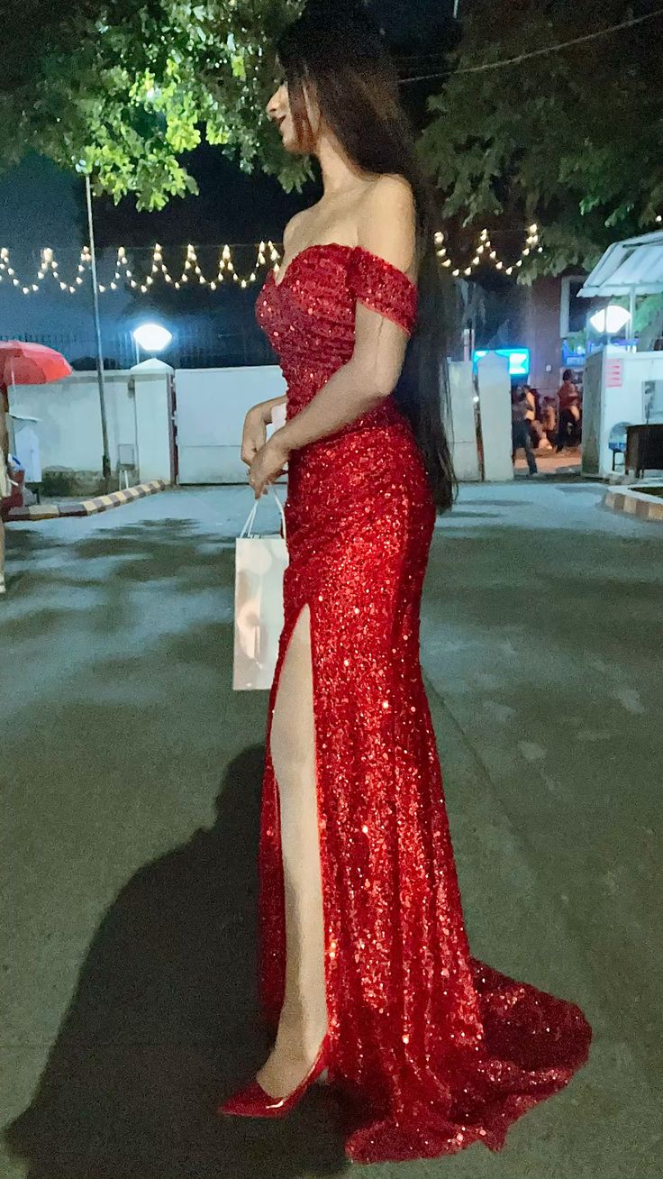 Classy Mermaid Off The Shoulder Red Sequin Long Prom Dresses Party Dress 22th Birthday Outfits Graduation Dress RB702