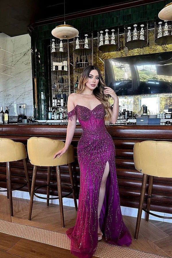 Cute Mermaid Off The Shoulder Grape Slit Prom Dresses Party Dress 21st Birthday Outfits Graduation Dress RB730