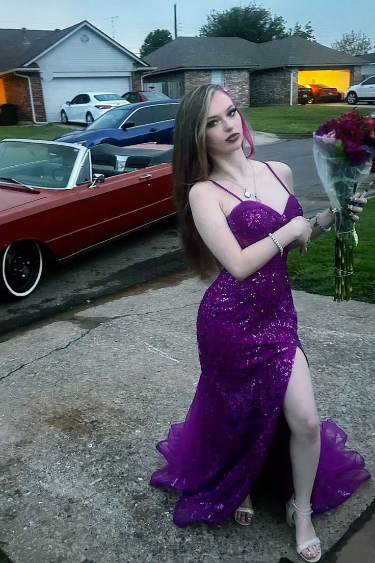 Sexy Mermaid Spaghetti Straps Grape Sequin Slit Prom Dresses Party Dress 21st Birthday Outfits Graduation Dress RB739