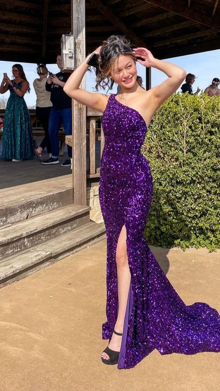 Sexy Mermaid One Shoulder Grape Sequin Slit Prom Dresses Party Dress 21st Birthday Outfits Graduation Dress RB741