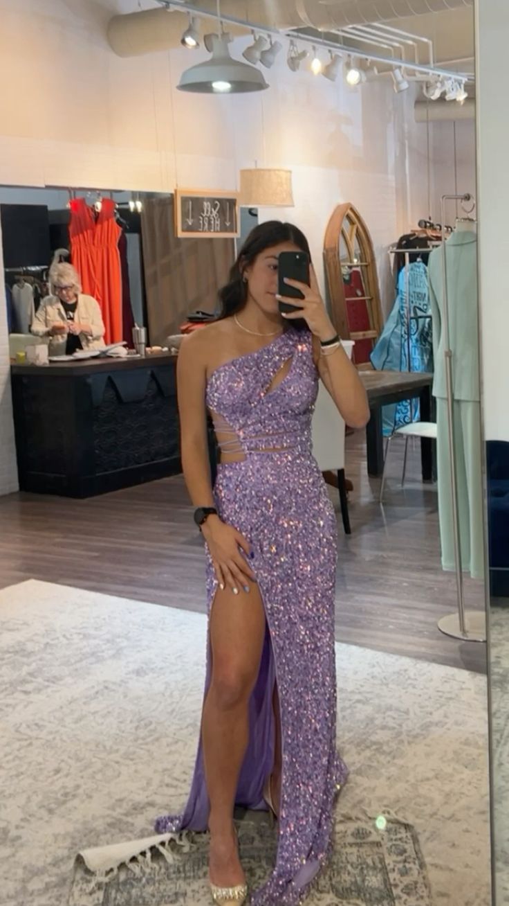 Elegant Sheath One Shoulder Sequin Lilac Slit Senior Aesthetic Prom Dr – RubyFashionDress