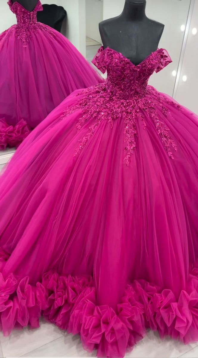 Cute Quinceanera Dresses Ball Gown Off The Shoulder Hot Pink Tulle Appliques 20th Birthday Gowns Vestidos De 15 Anos Formal Party Sweet 16 Dress RB768