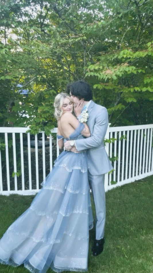 Cute Ball Gown Off The Shoulder Dusty Blue Tulle Prom Dresses Party Dress 20th Birthday Outfits Graduation Dress RB803
