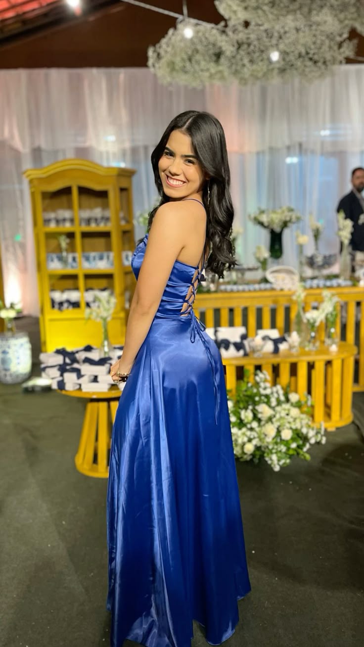 Modest A line Spaghetti Straps Royal Blue Satin Prom Dresses Inspiration Prom Dress Princess Graduation Dress RB853
