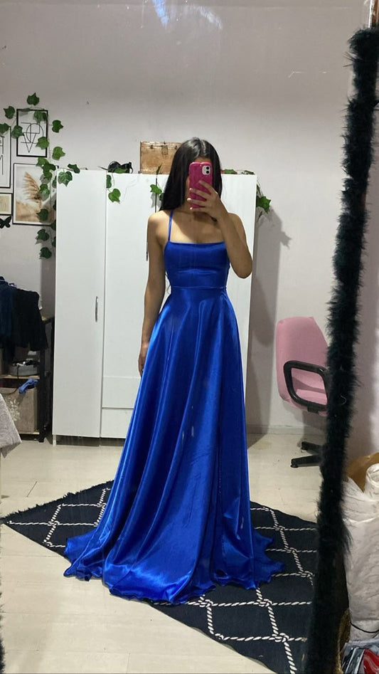 Modest A line Halter Royal Blue Satin Prom Dresses Inspiration Prom Dress Princess Graduation Dress RB855