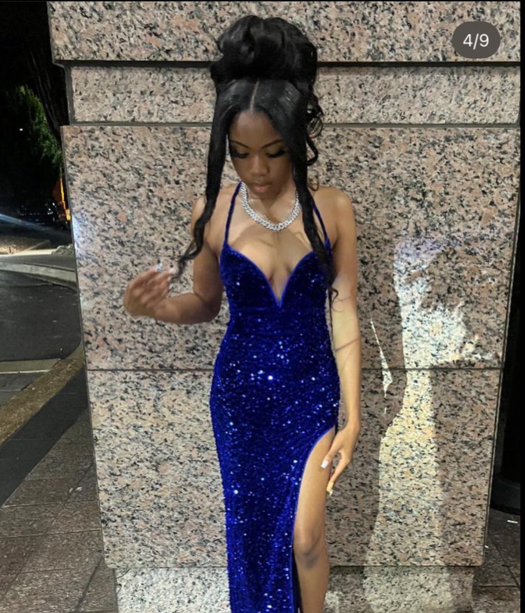 Unique Mermaid Halter Royal Blue Sequins Prom Dresses Party Dress 21st Birthday Outfits Graduation Dress RB920