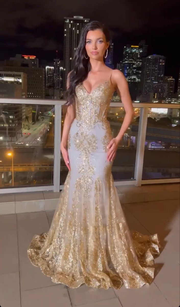 Sparkly Mermaid Spaghetti Straps Gold Sequins Prom Dresses Party Dress 21st Birthday Outfits Graduation Dress RB943