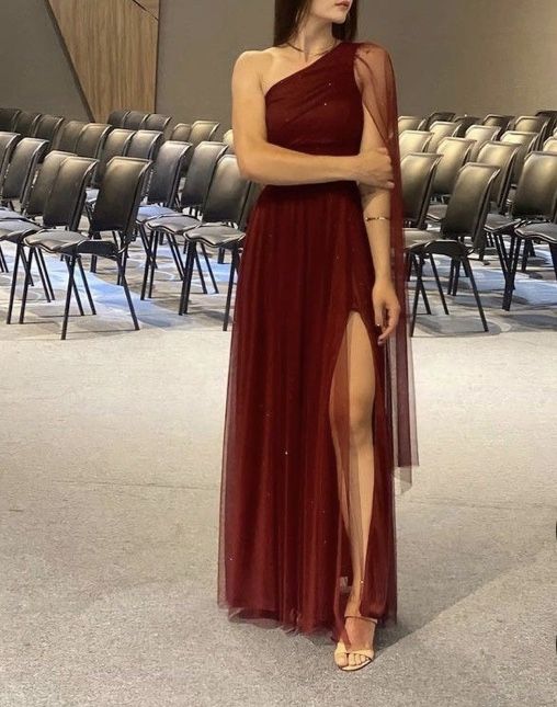 Sexy A Line Burgundy Red One Shoulder Sequins Slit Prom Dresses Long Party Dress 22th Birthday Outfits Graduation Dress RB960