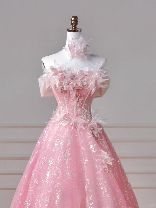 Gorgeous Pink Strapless A-Line Tulle Beaded Long Prom Dresses, Sweet 16 Dress RF01007