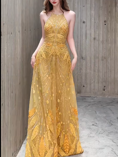 Elegant Gold Halter Neck A-Line Beading Long Prom Dresses, Formal Evening Dresses RF01008