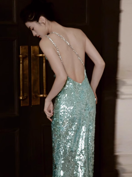Sparkly Mint Green One Shoulder Sheath Sequin Backless Long Prom Dresses RF01009