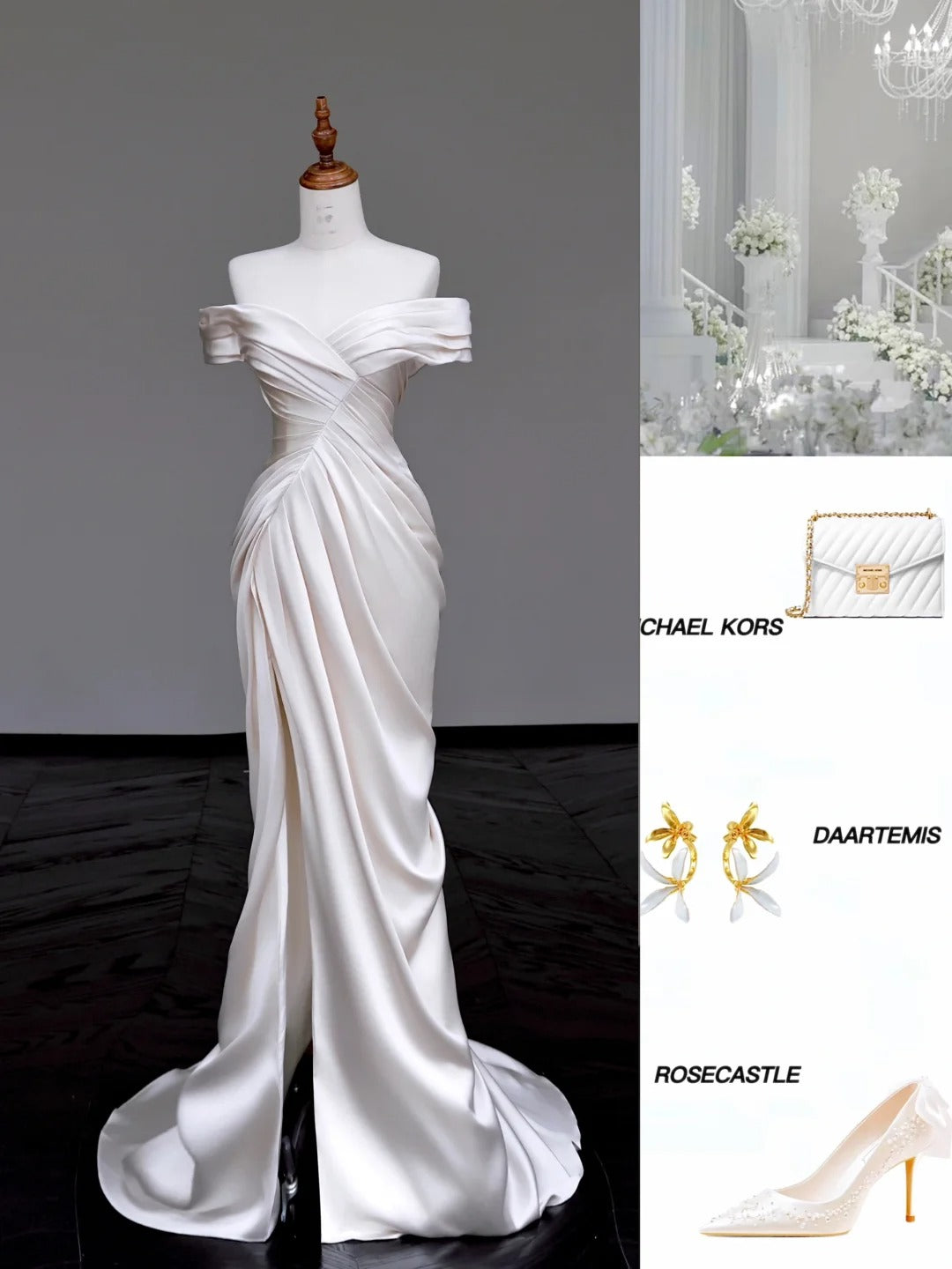 Simple Off Shoulder White Mermaid Wedding Dress Satin Slit Formal Dresses RF01018