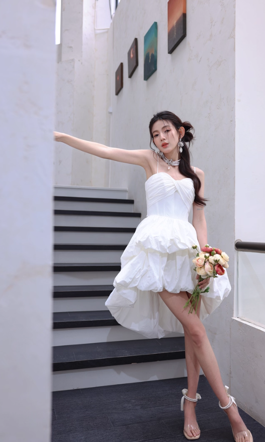 Pretty White Spaghetti Strap Hi-Lo Quinceanera Dress Elegant 18th Birthday Outfit RF01027