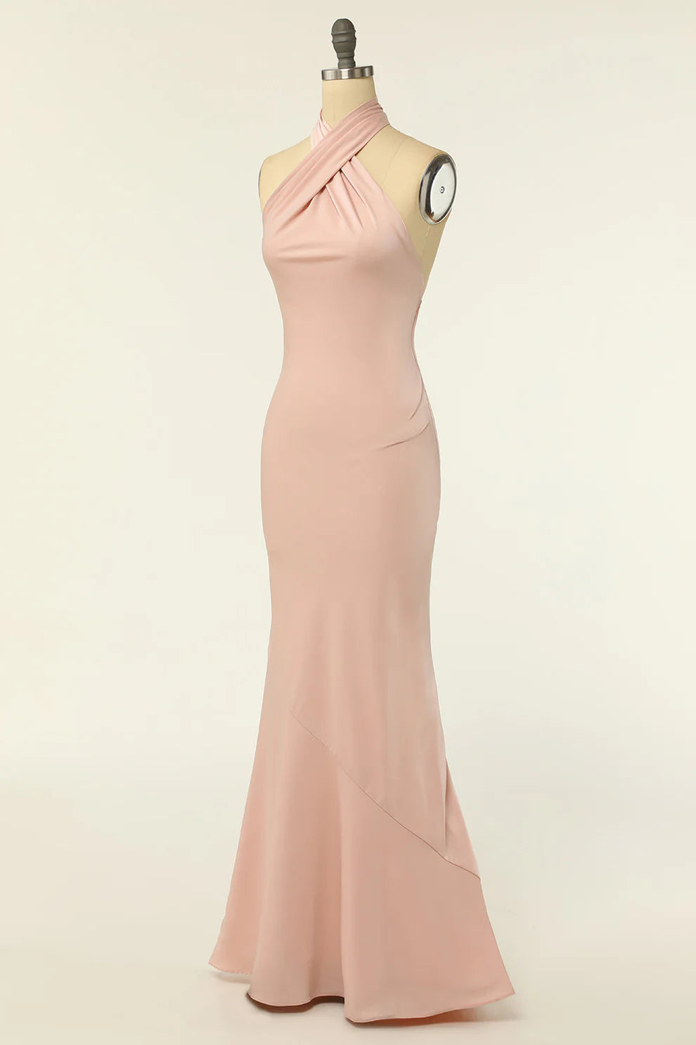 Mermaid Blush Pink Halter Open Back Satin Long Bridesmaid Dress RF0419