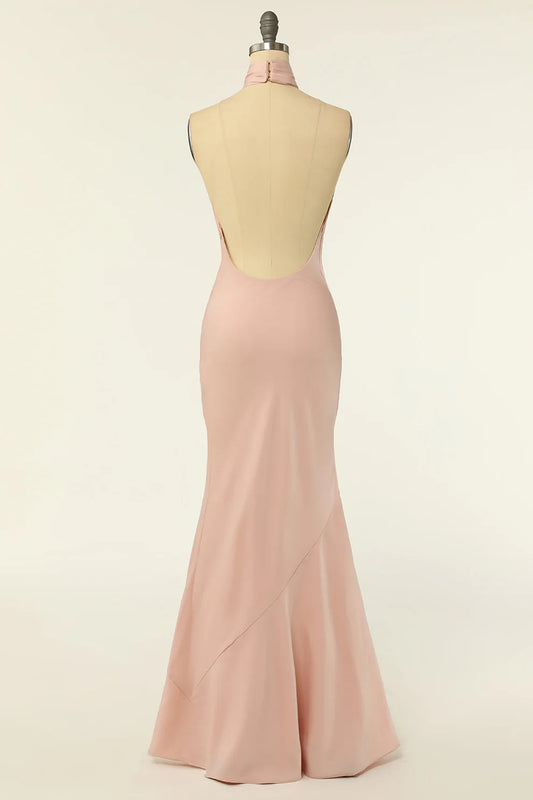 Mermaid Blush Pink Halter Open Back Satin Long Bridesmaid Dress RF0419