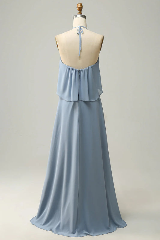 Halter Dusty Blue Bohemian Chiffon Bridesmaid Dress RF0422