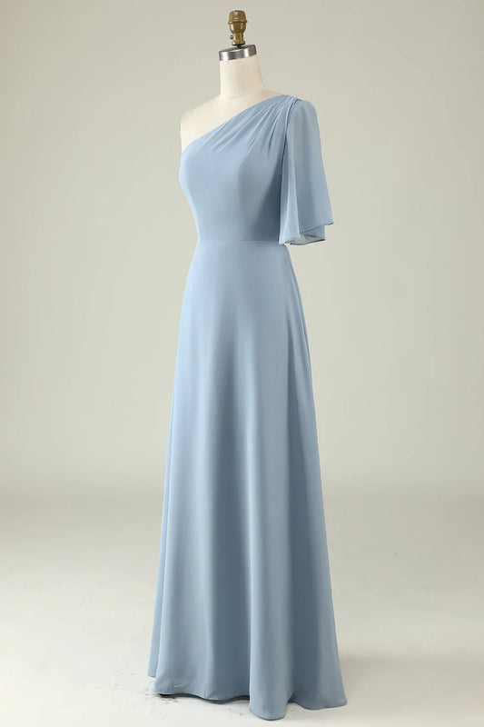 Dusty Blue One-Shoulder Chiffon Bridesmaid Dress RF0423