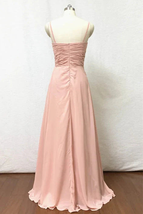 Spaghetti Straps Blush Pink Pleate Chiffon Long Bridesmaid Dress RF0424