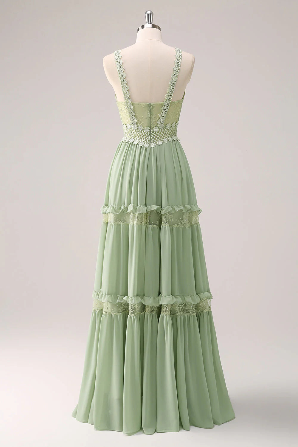 Green Ruffled Floral A-Line Spaghetti Straps Bridesmaid Dress with Lace RF0427