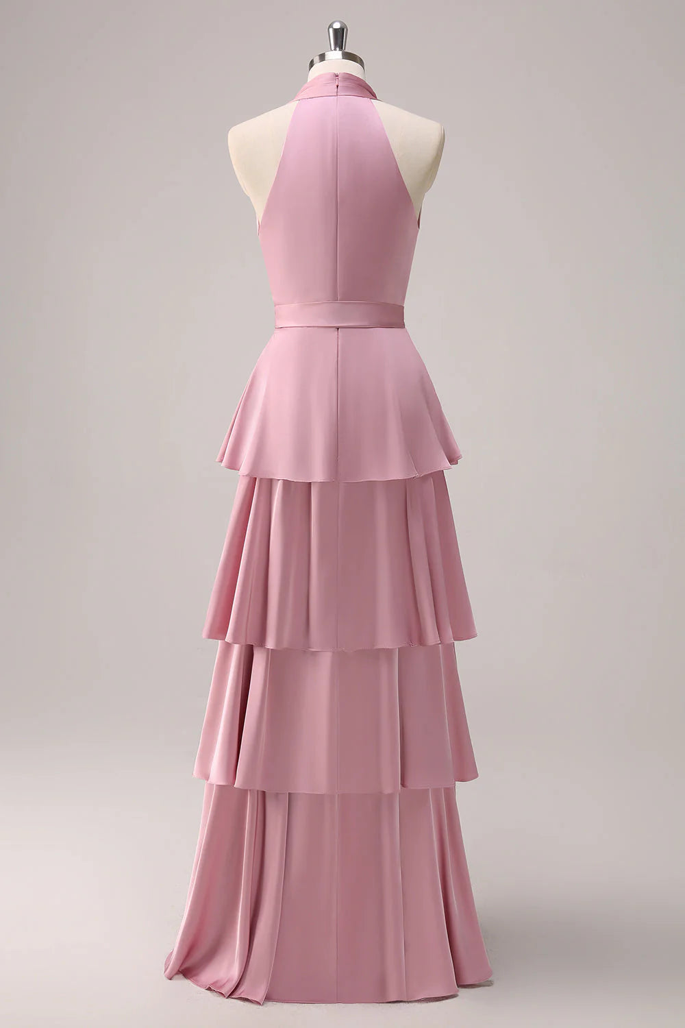 Pink Halter Tiered A-Line Satin Bridesmaid Dress with Sash RF0431