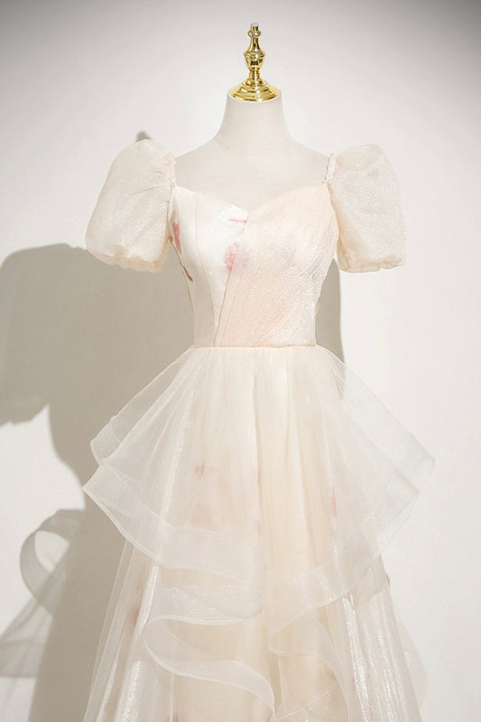 Champagne Tulle Printed Long Prom Dress, Beautiful A-line Evening Dress - RF0436