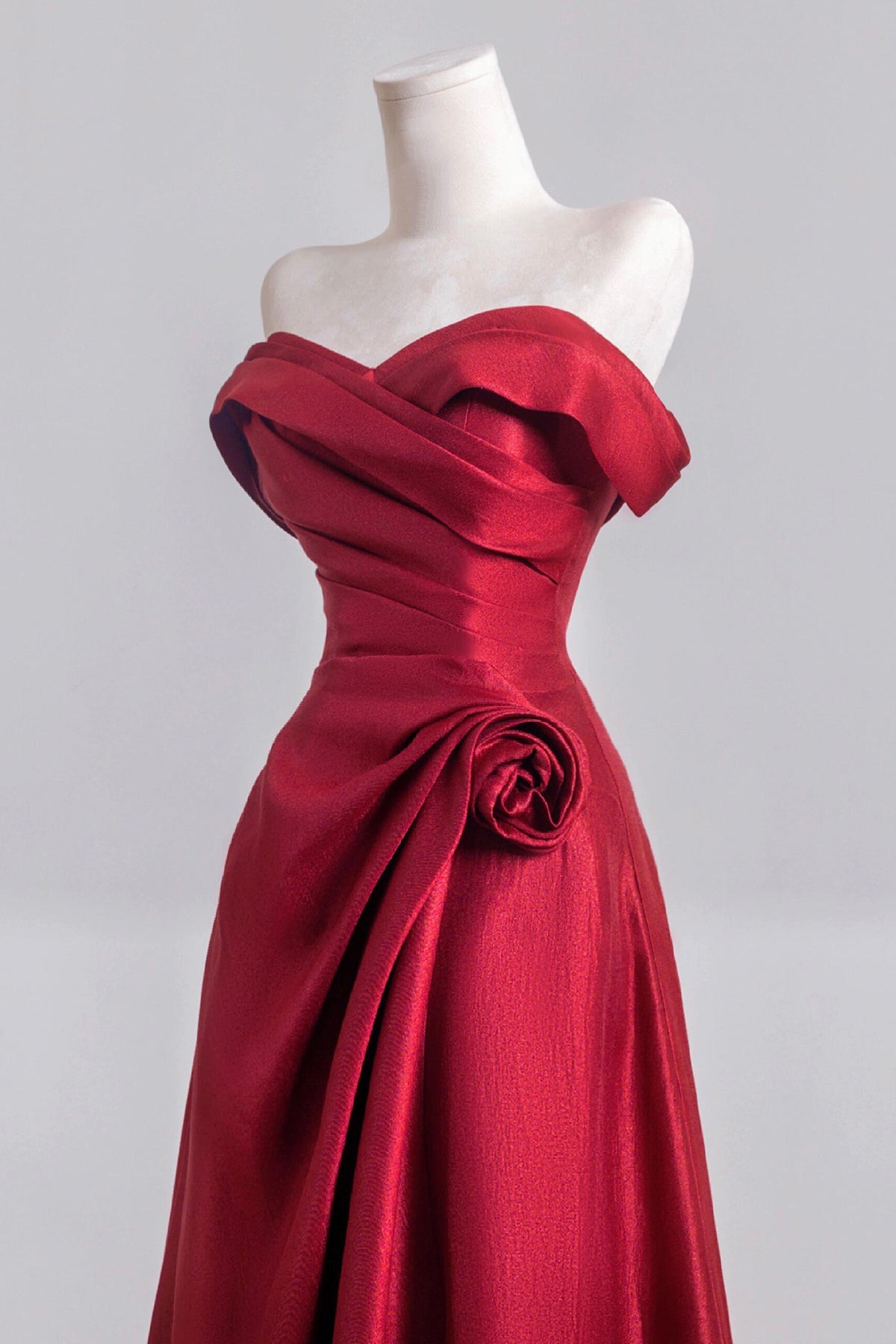 Burgundy Satin Elegant Long Prom Dress, Off the Shoulder A-Line Evening Dress - RF0440