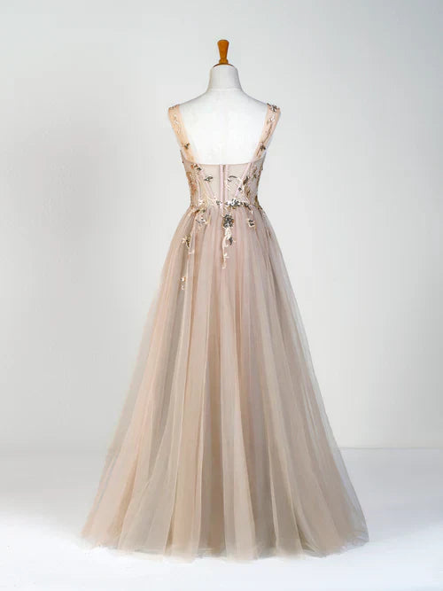 Elegant Evening Dress Corset Lace Floor Length Tulle Applique Prom Dress- RF0445
