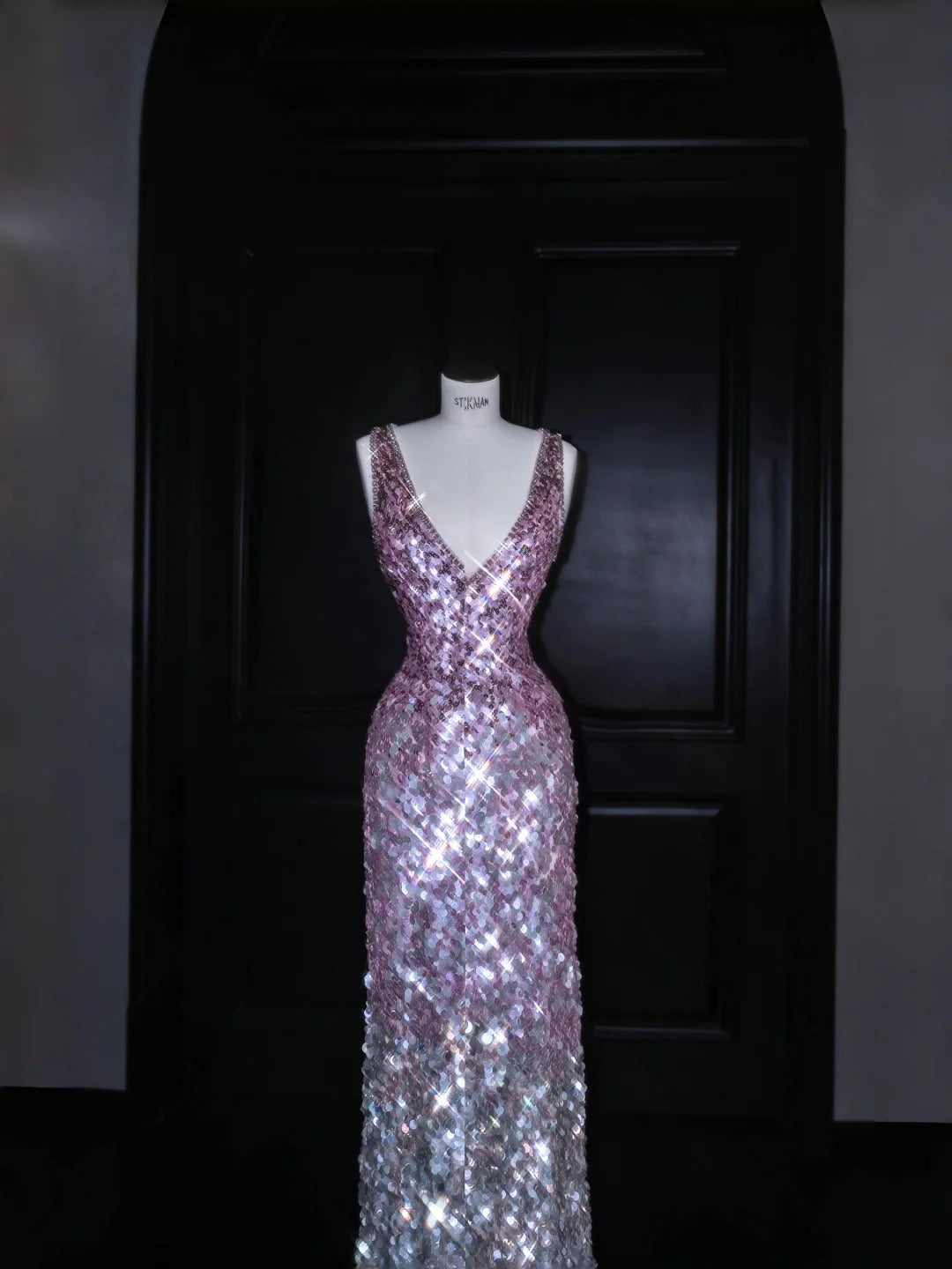 Sparkling Pink Sequin Sheath V Neck Formal Evening Dress Unique Bridesmaid Dress RF0474