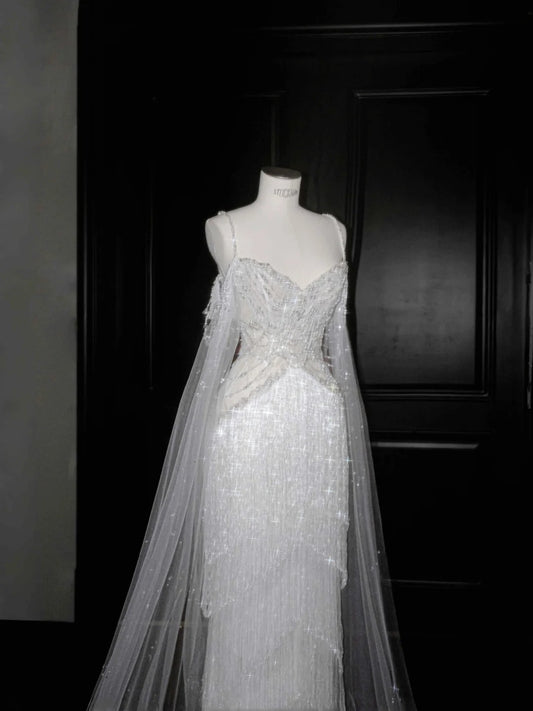 Fairytale Spaghetti Straps Beaded Tulle Sheath Train Wedding Dress RF0506