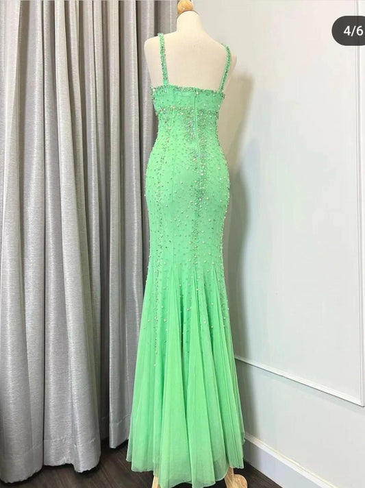 Vintage Green Halter Neck Beaded Chiffon Mermaid Long Prom Dresses Formal Evening Gowns RF0534