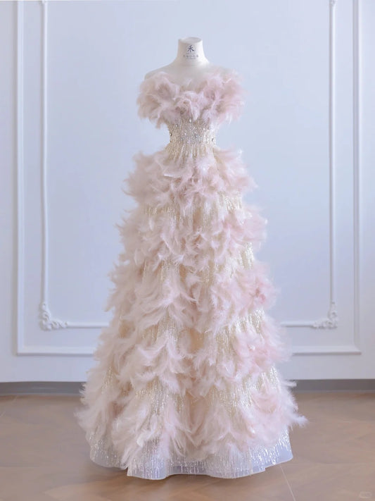 Fairytale Pink Feather A-Line Beaded Wedding Dress Strapless Long Prom Dresses RF0552
