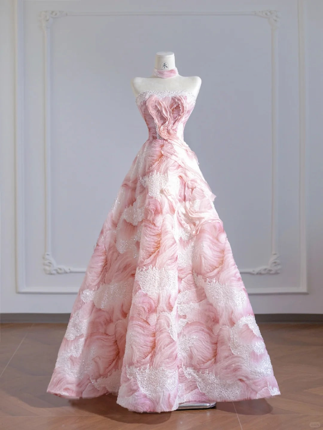 Princess Pink Strapless A-Line Tulle Applique Prom Dresses Beaded Evening Gowns RF0566