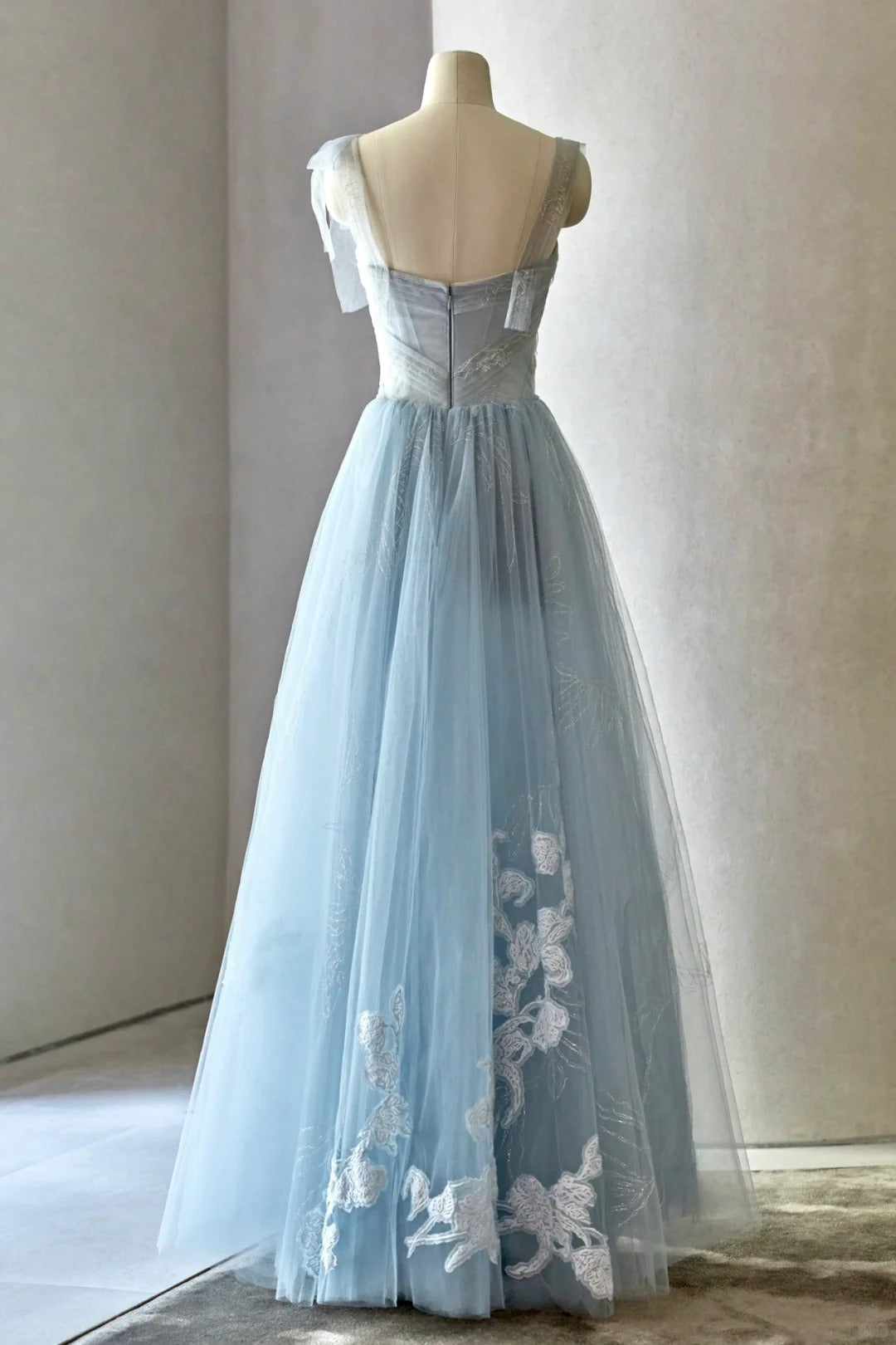 Sweet Sky Blue Square Neck A-Line Tulle Embroidery Applique Prom Dresses Formal Evening Dress RF0587