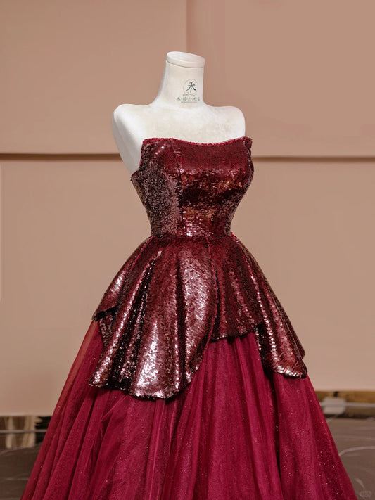 Stunning Burgundy Strapless A-Line Chiffon Sequin Prom Dresses Formal Evening Dresses RF0589