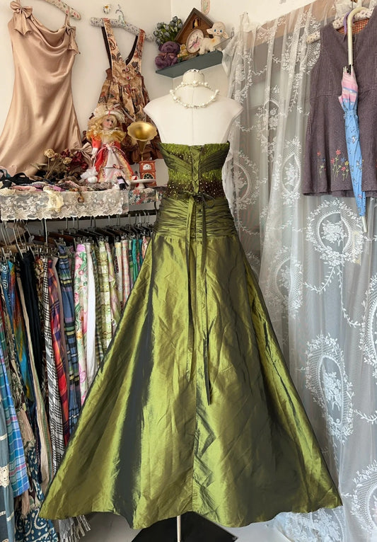 Vintage Green Strapless A-Line Satin Party Dress Evening Gowns RF0592