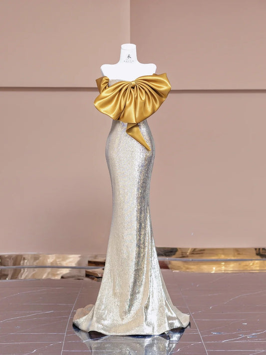 Elegant Yellow Off Shoulder Mermaid Sequin Evening Gowns RF0594