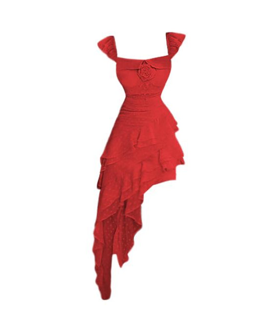 Fashionable Red Chiffon Square Neck Ruffle Summer Holiday Dress RF0599