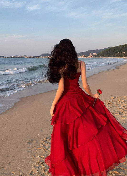 Vintage Red Chiffon A-Line Ruffle Straps Dress RF0605