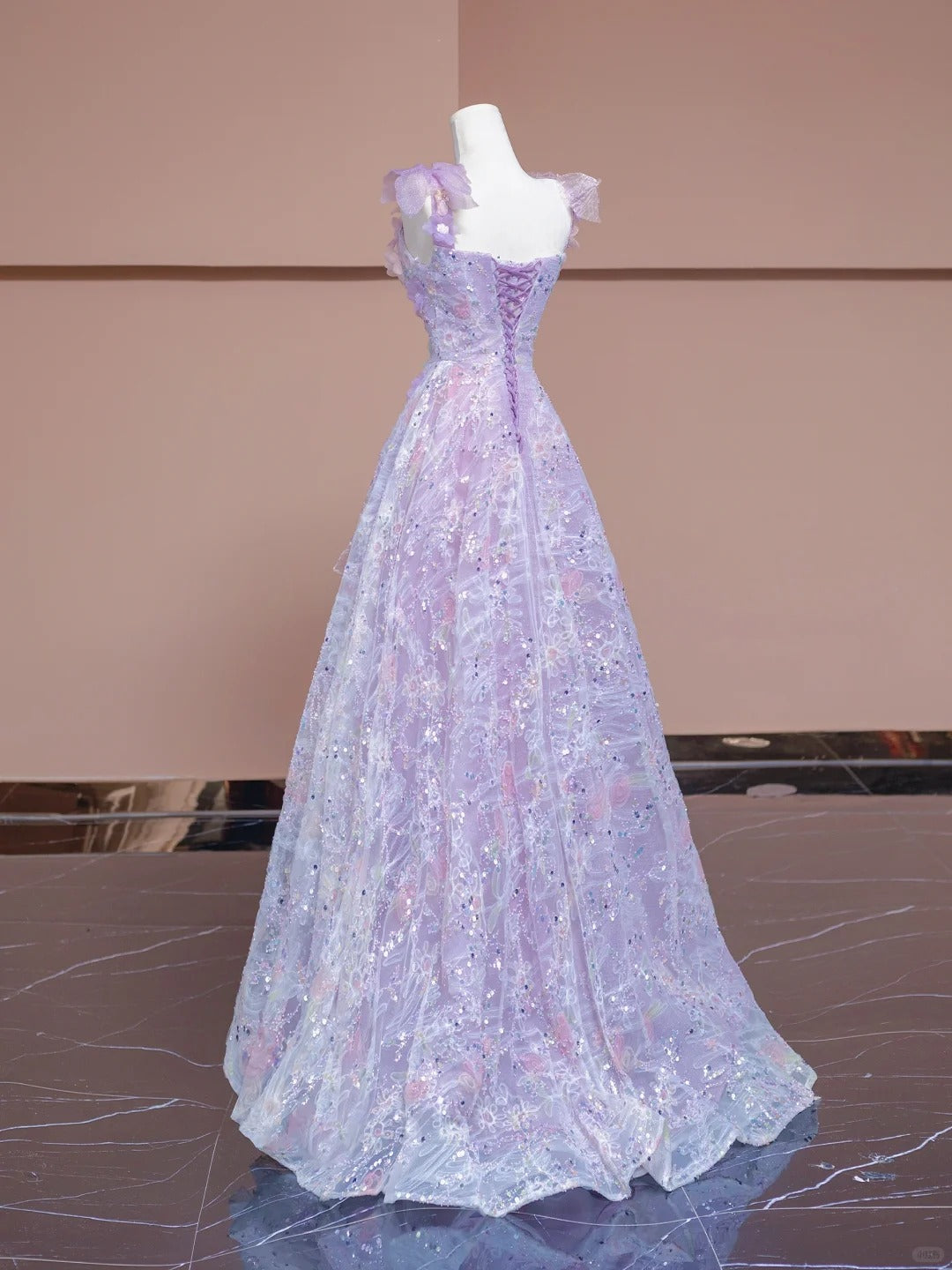 Gorgeous Purple Applique Square Neck A-Line Tulle Long Prom Dresses Sweet 16 Evening Dress RF0609