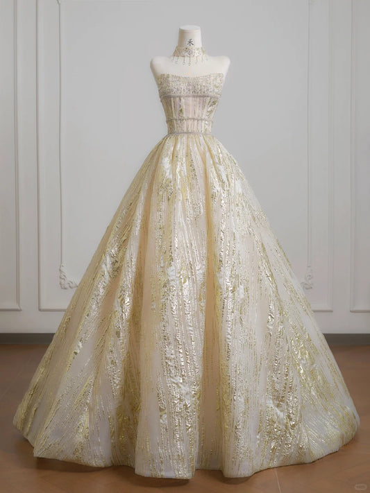 Stunning Gold Strapless A-Line Tulle Sparkling Wedding Dress Formal Evening Dress RF0610