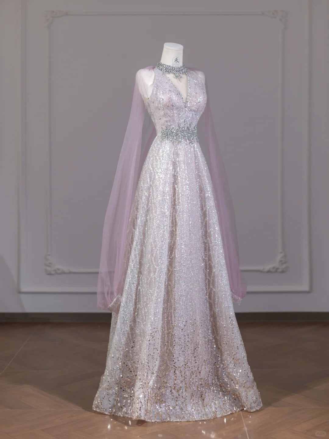 Sweet Pink V-Neck A-Line Sequined Tulle Long Prom Dresses Birthday Evening Dresses RF0613