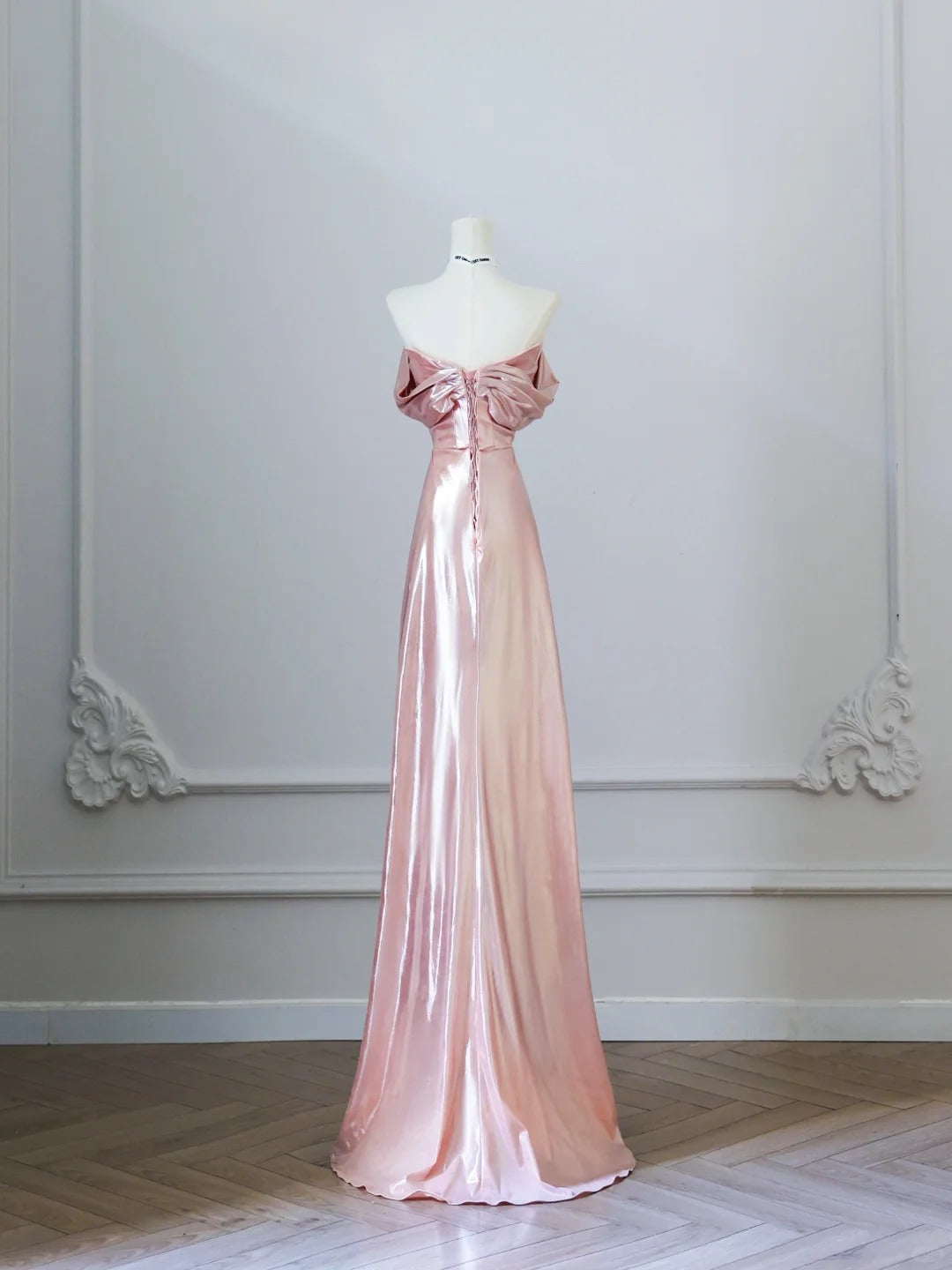 Sweet Peach Off-shoulder A-Line Satin Long Prom Dresses Formal Evening Gowns RF0620