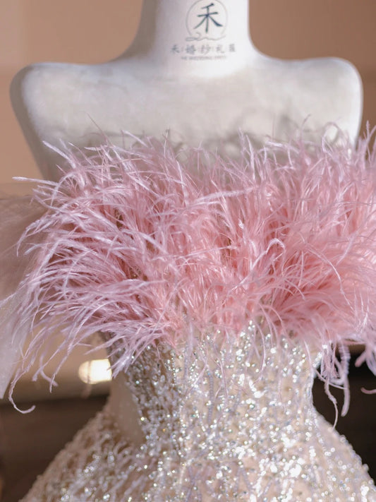 Stunning Pink Off Shoulder A-Line Tulle Sequined Prom Dresses Formal Evening Gowns RF0626