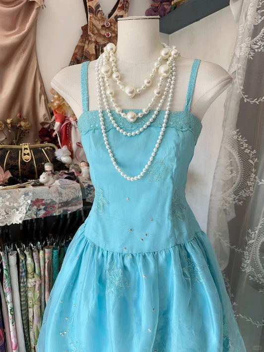 Vintage Blue Party Dress Spaghetti Straps A-Line Tulle Evening Gowns RF0631