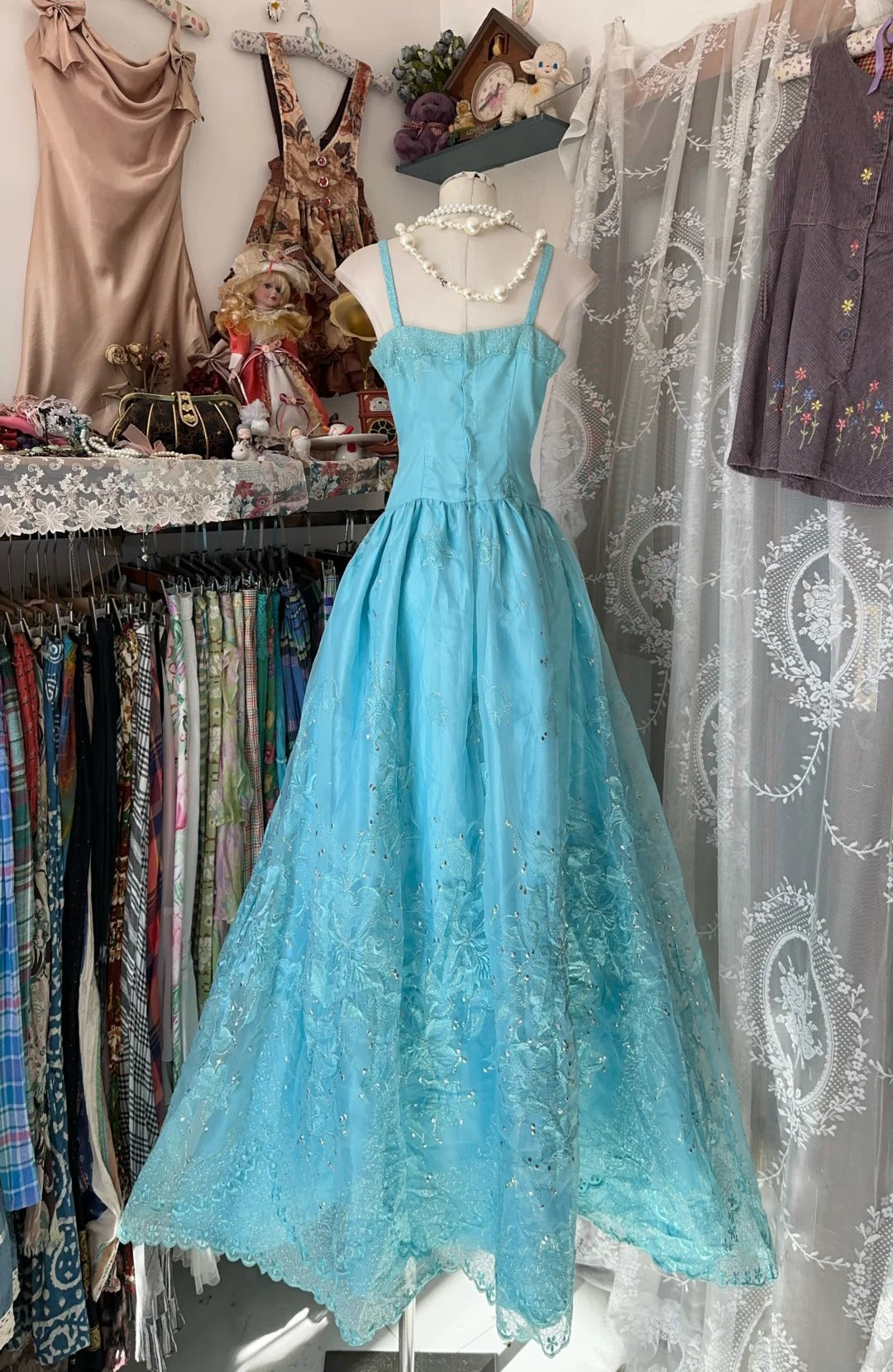 Vintage Blue Party Dress Spaghetti Straps A-Line Tulle Evening Gowns RF0631