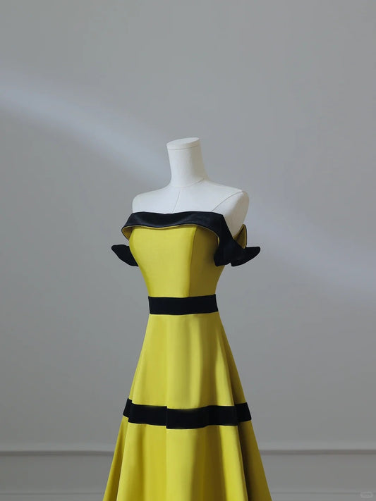 Sweet Lemon Yellow Off-the-shoulder Satin A-Line Long Prom Dresses Formal Evening Gowns RF0663